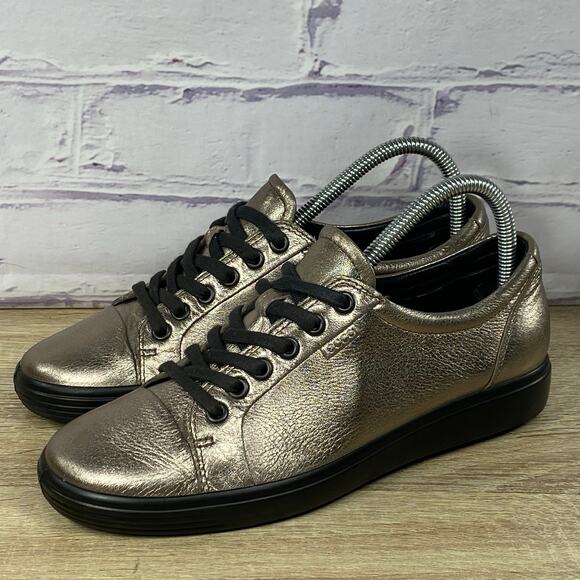 ECCO Soft Metallic Gold Leather Casual Sneakers EU 38 US 7-7.5 Lace-Up Bronze - Picture 3 of 13